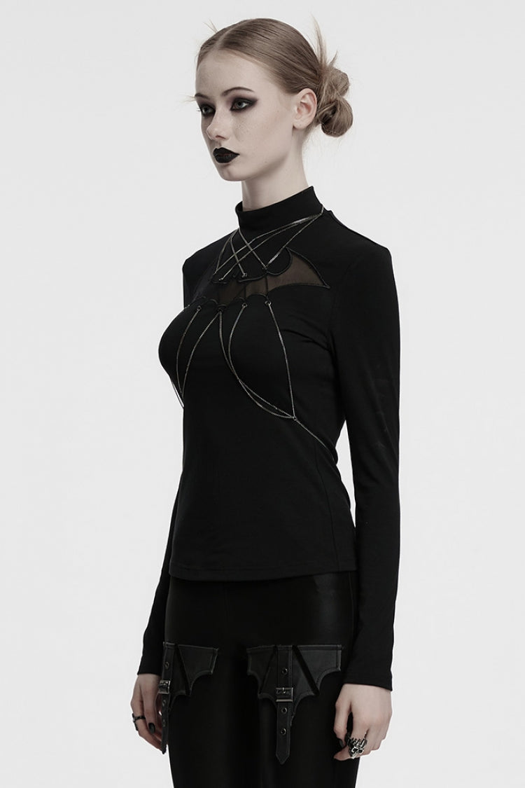 Black Stand Collar Long Sleeves Bat Stitching Mesh Chain Women's Gothic Blouse