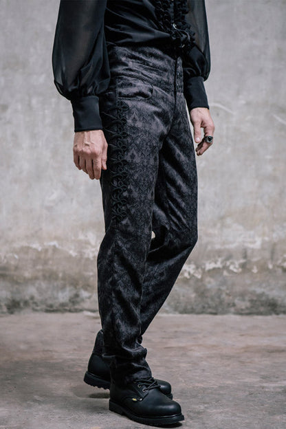 Black Side Discoid Flowers Back Waist Lace Up Gothic Jacquard Mens Pants