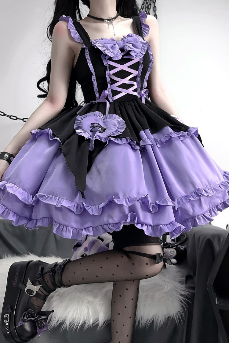 Black/Purple [Halloween Little Witch] Sleeveless Double-Layered Ruffle Bowknot Lace-Up Gothic Lolita Jsk Dress
