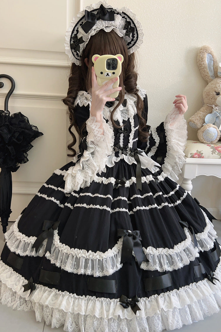 Black Round Collar Long Trumpet Sleeves Hanayome Bowknot Lace Daily Sweet Elegant Princess Lolita Dress