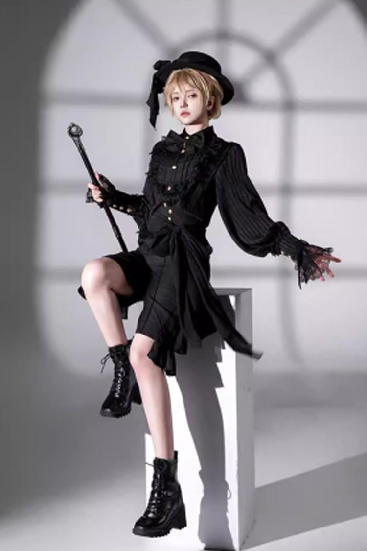 Black [Eternal City] Long Sleeves Lace Gothic Prince Medieval Ouji Lolita Blouse Knee-Length Shorts Set