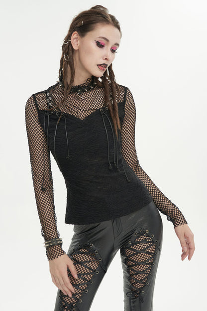 Black Turtleneck Adjustable Faux Suspenders Textured Knit Mesh Women's Punk T-Shirt