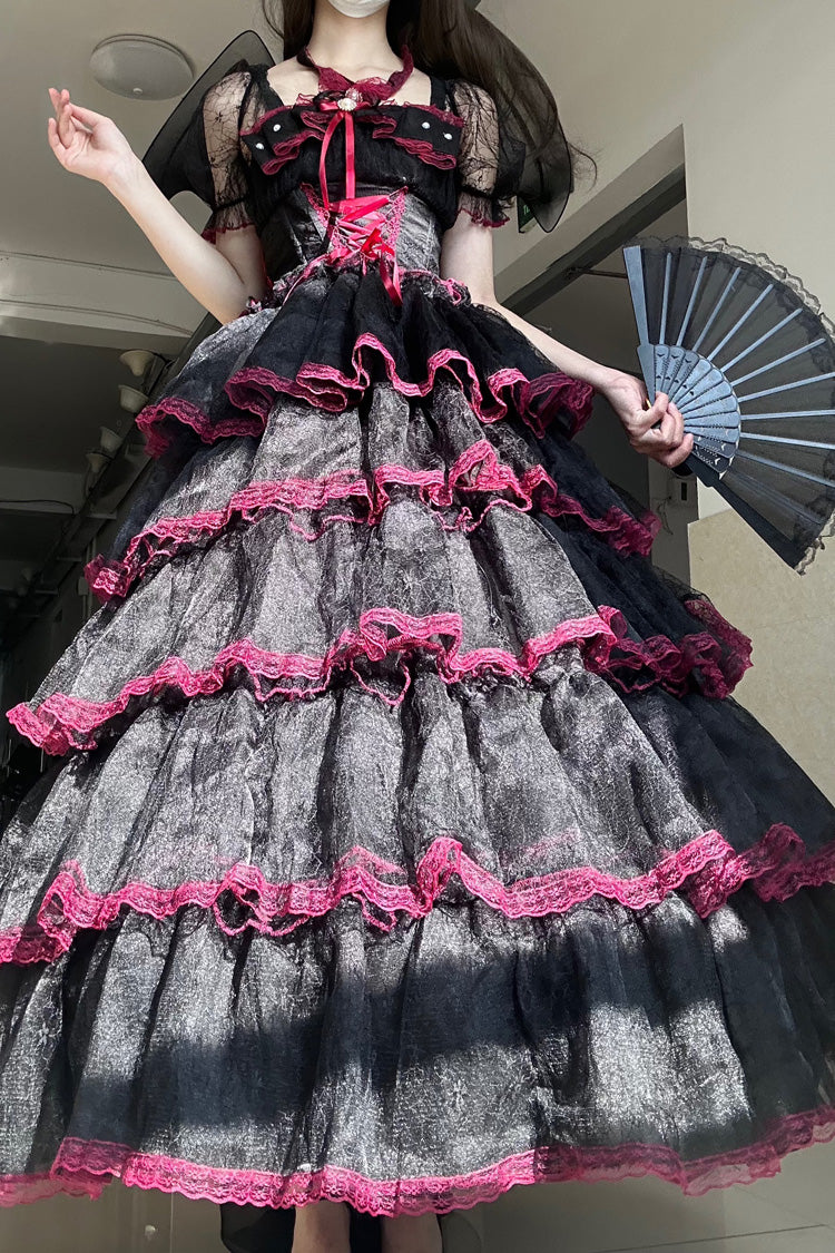 Black/Red Short Sleeves Multi-Layered Ruffle Hanayome Bowknot Lace Plus Size Sweet Lolita Dress (Long Version)