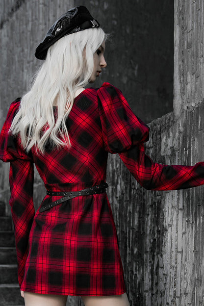 Black/Red Lattice High Waist Long Sleeve Women's Steam Punk Belted Dress