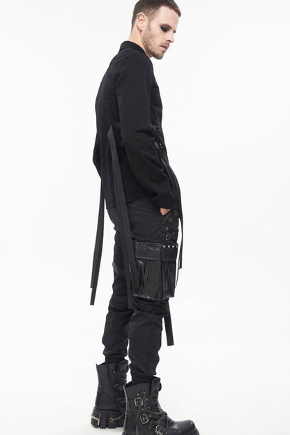 Black Punk Multi-Pocket Leather Splicing Metal Leg Ring Men's Pants
