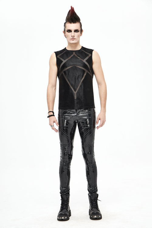 Black Punk Circuit Printed High Quality Stretchy Leather Tight Mens Pants