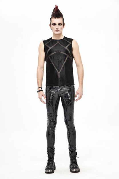 Black Punk Circuit Printed High Quality Stretchy Leather Tight Mens Pants