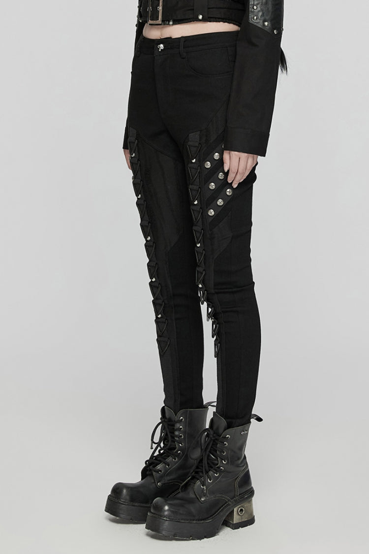 Black Triangular Stitching Mesh Buckle Women's Punk Pants