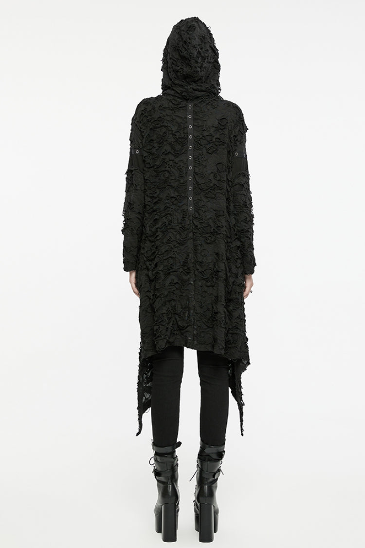 Black Ruffle Hooded Ripped Asymmetric Women's Punk Long Coat