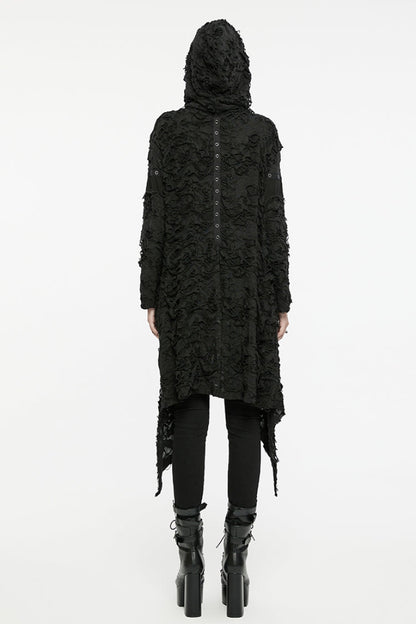 Black Ruffle Hooded Ripped Asymmetric Women's Punk Long Coat