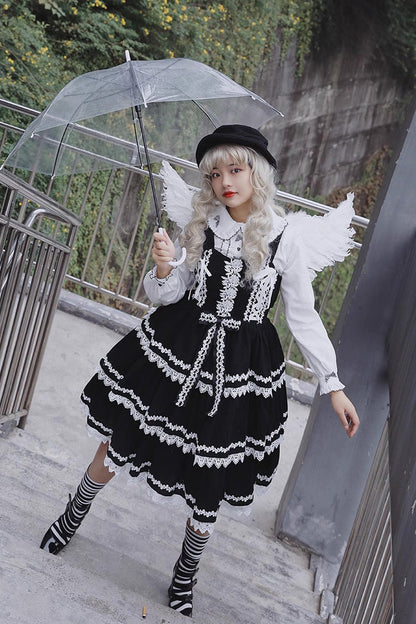 Black/White Three-section Cake Sleeveless Ribbon Sweet Lolita Tiered Dress