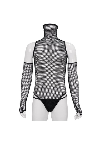 Black Transparent Mesh Sexy Super High Collar Masked Glove Thong Men's Punk Onesie