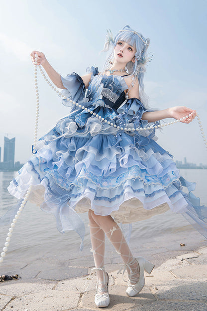 Blue [Jellyfish] Gradient Print Ruffle Embroidery Bowknot Lace Asymmetric Sweet Elegant Lolita Jsk Dress