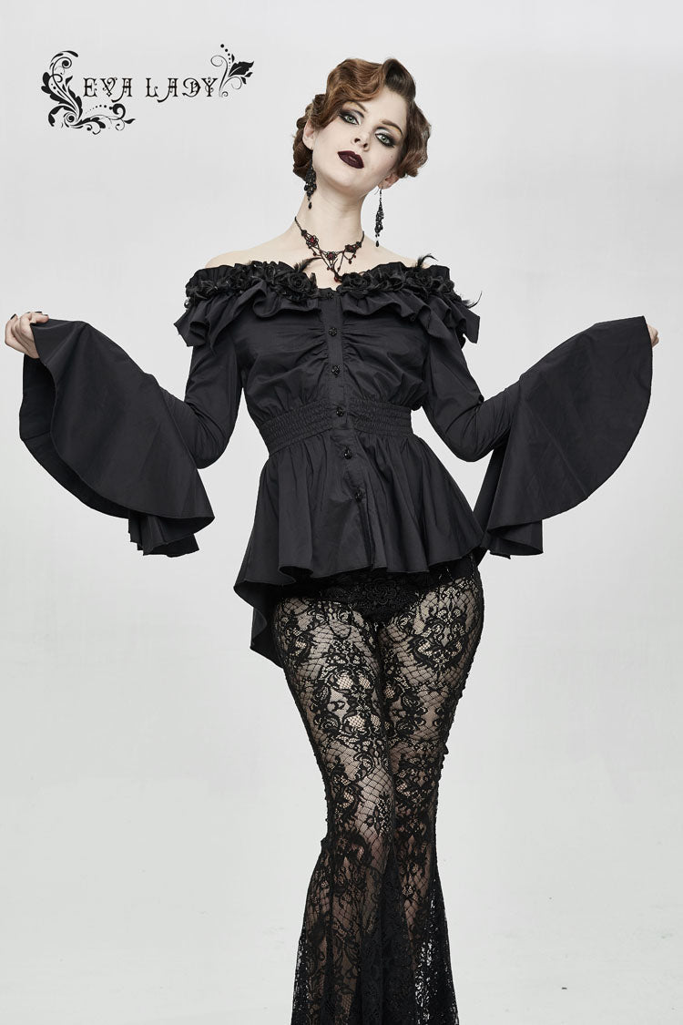 Black Rose Flowers Decoration One-Word Collar Long Sleeve Flare Cuff Women's Gothic Blouse