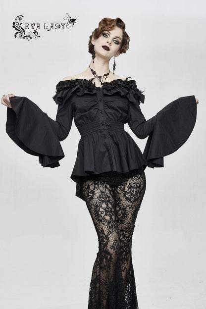 Black Rose Flowers Decoration One-Word Collar Long Sleeve Flare Cuff Women's Gothic Blouse