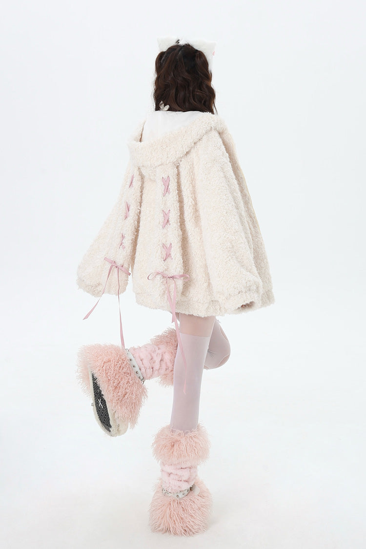 [Lace-Up Bunny Ears] Long Sleeves Hooded Plush-lined Zipper Sweet Lolita Coat 2 Colors