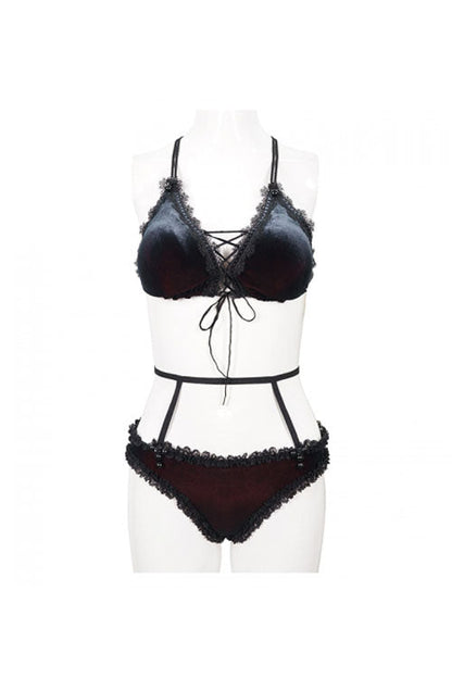 Black Red Velvet Chest Lace Up Gothic Swimsuit Suit