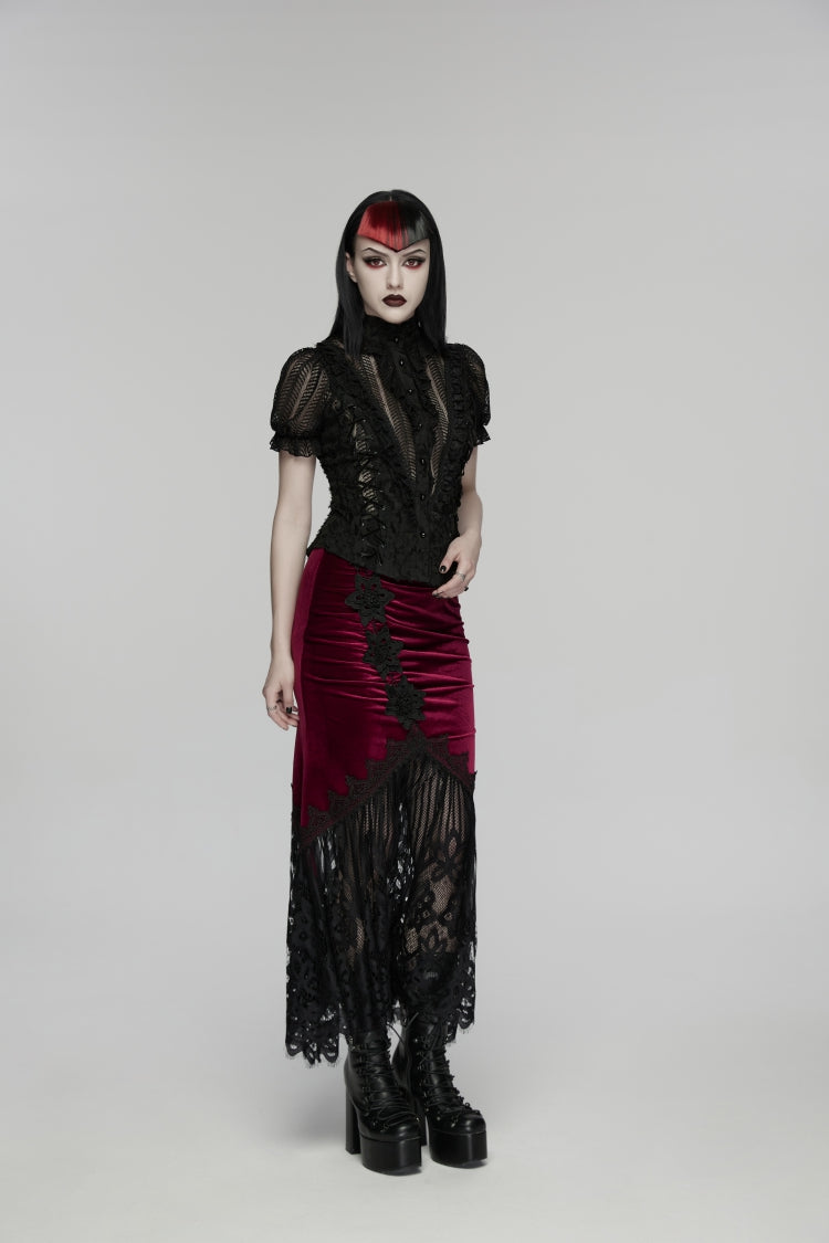 Black Stand Collar Short Sleeves Ruffled Cut-Out Embroidered Lace Women's Gothic Blouse