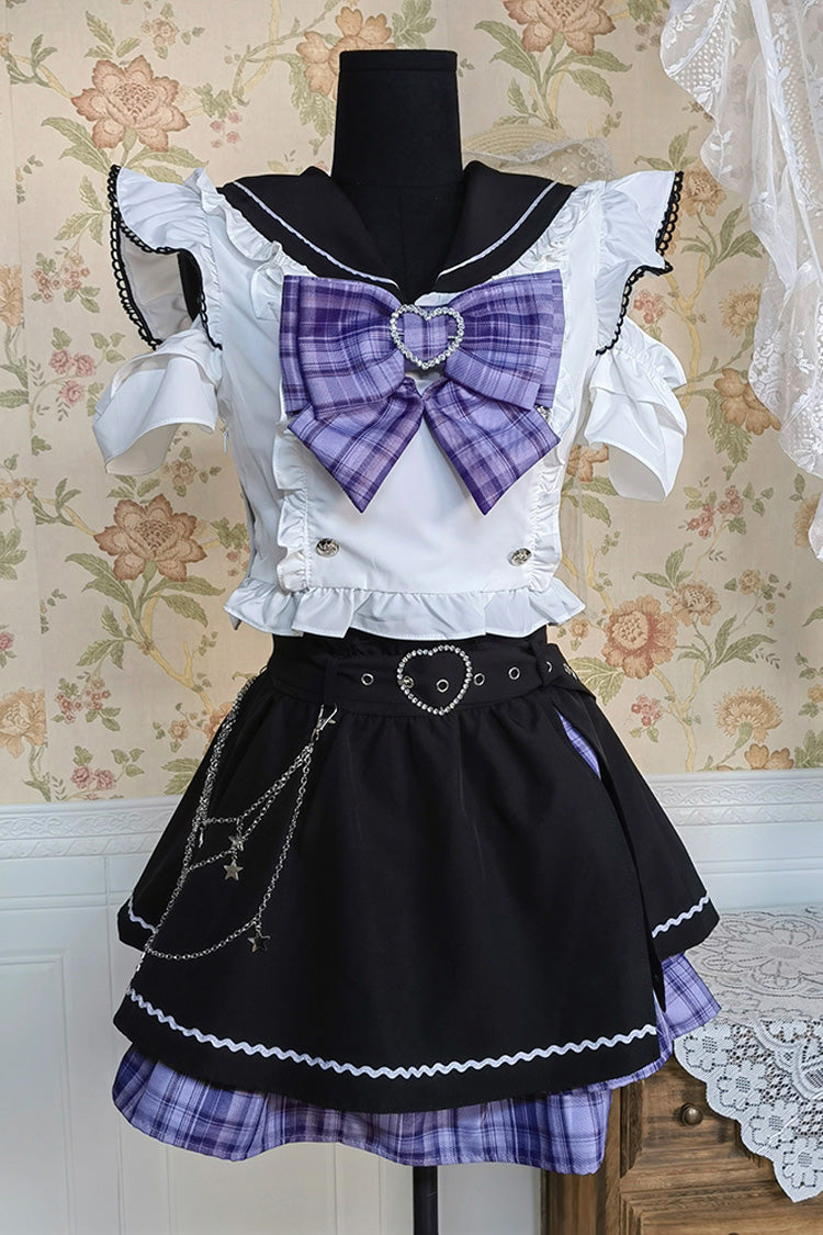 Black/White Short Sleeves Print Bowknot Sweet Jirai Kei Skirt Set