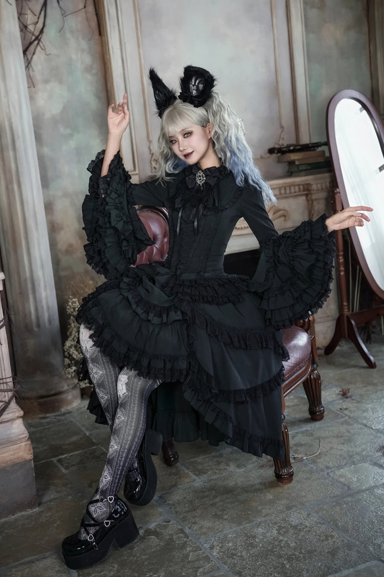 Black [Immortal Phoenix] Long Hime Sleeves Multi-Layered Ruffled Bow Lace-Up Gothic Lolita Skirt Dress Set