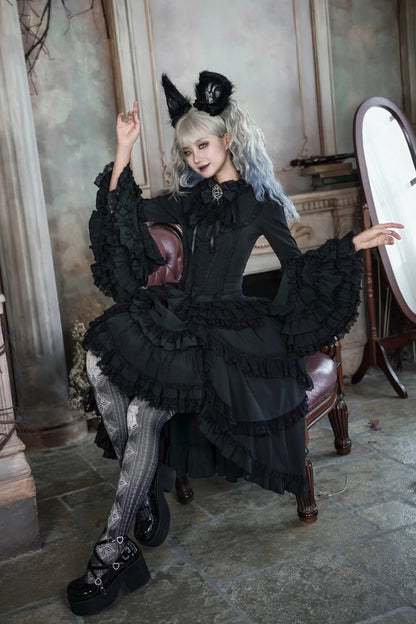 Black [Immortal Phoenix] Long Hime Sleeves Multi-Layered Ruffled Bow Lace-Up Gothic Lolita Skirt Dress Set