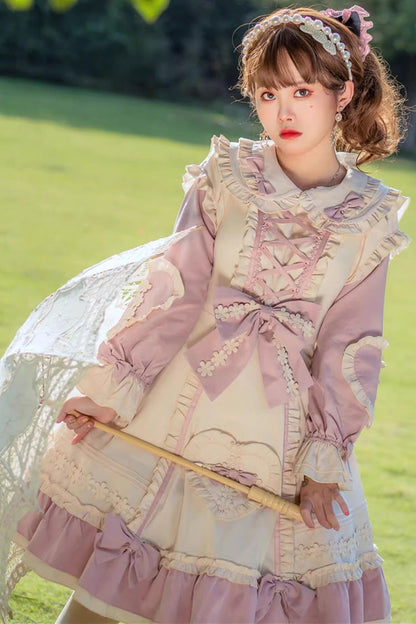Pink/White [Little Florist] Long Sleeves Ruffle Bowknot Lace-Up Sweet Plus Size Princess Lolita Dress