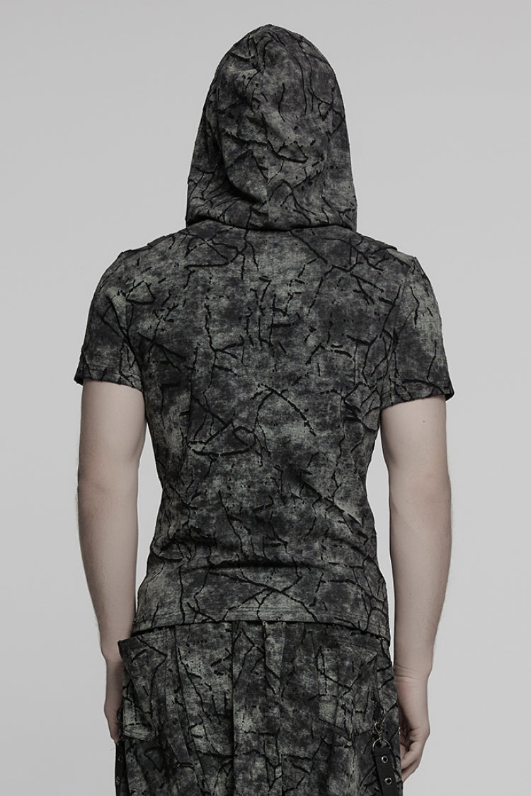 Grey Short Sleeves Big-pocket Tie-dyed Hooded Men's Punk T-Shirt