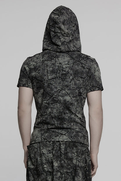 Grey Short Sleeves Big-pocket Tie-dyed Hooded Men's Punk T-Shirt