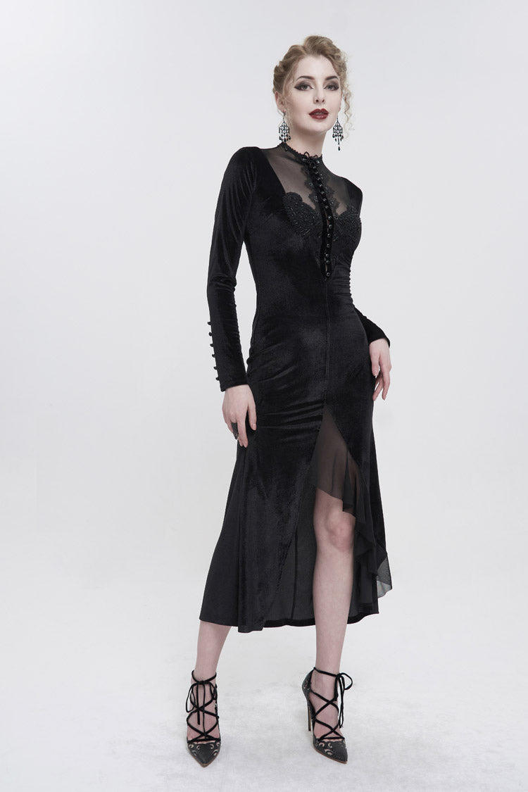 Black Small Stand Collar Cashew Paisley Lace On Chest Mesh Paneled Asymmetrical Hem Long Sleeve Women's Gothic Dress