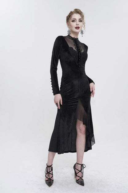 Black Small Stand Collar Cashew Paisley Lace On Chest Mesh Paneled Asymmetrical Hem Long Sleeve Women's Gothic Dress