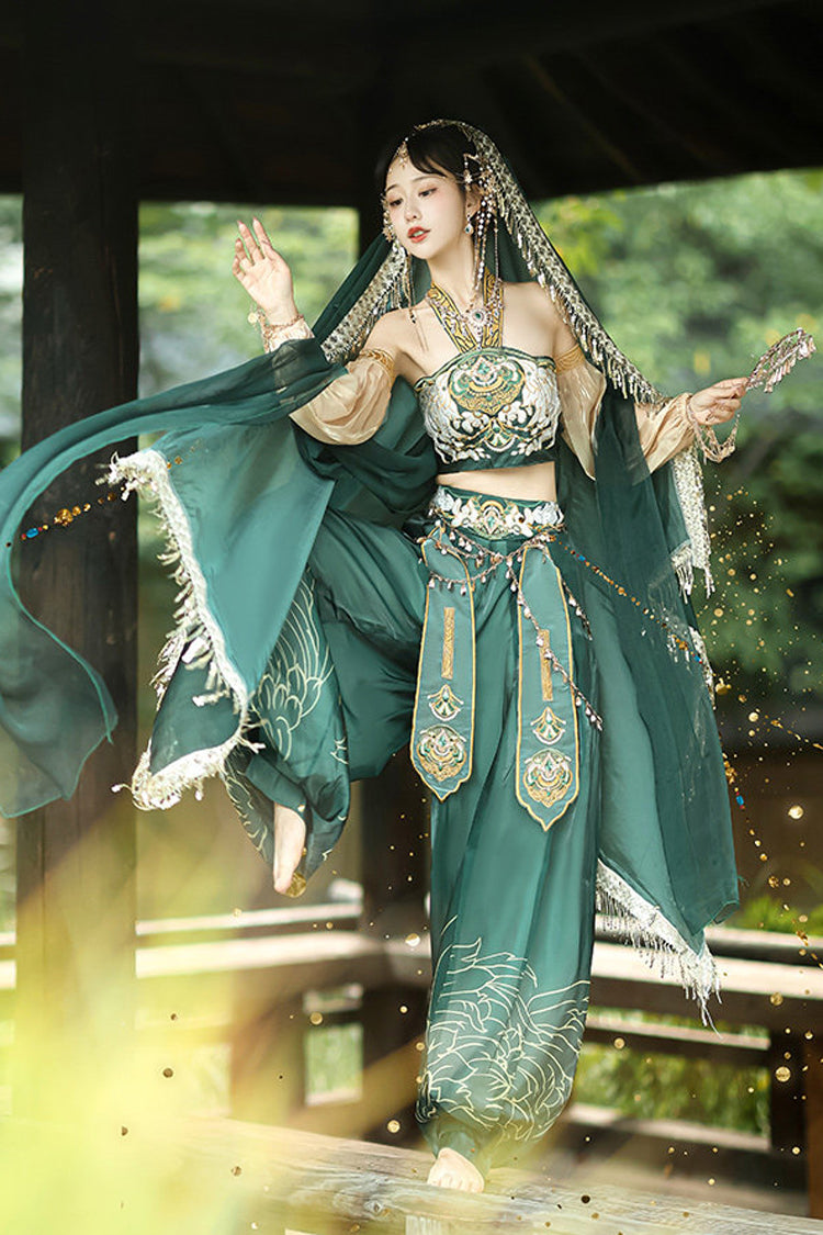 Green [Princess Of The Guo Huang Flying Apsaras] Halterneck High Waisted Printed Embroidered Women's Gorgeous Hanfu Pants Set