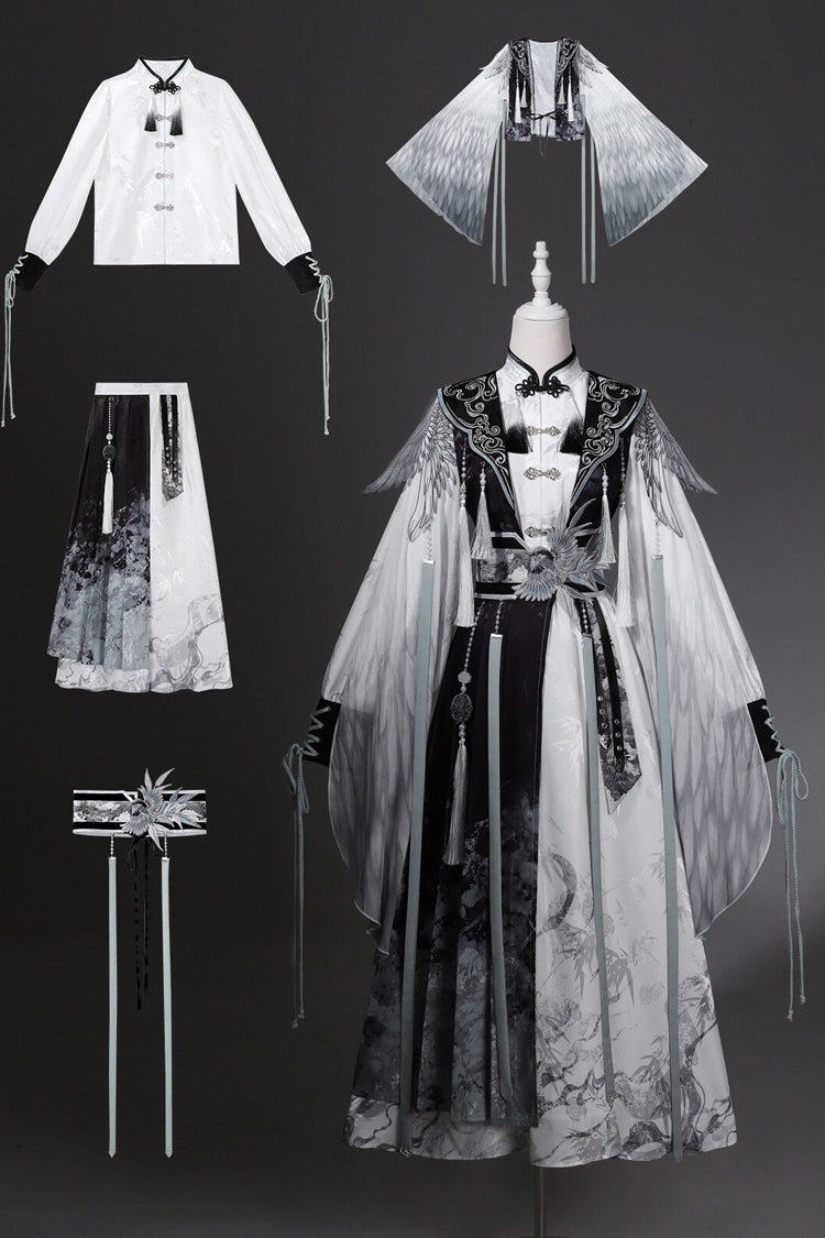 Black/White [Magpie Feather] Stand Collar Long Sleeves High Waisted Printed Embroidered Women's Classic Hanfu Dress Set