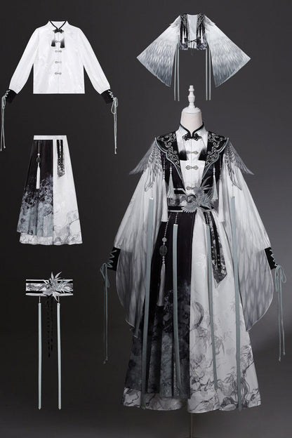 Black/White [Magpie Feather] Stand Collar Long Sleeves High Waisted Printed Embroidered Women's Classic Hanfu Dress Set