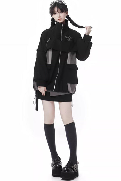 Black [Holographic Cruise] Techwear Long Sleeves Spliced Zippered Gothic Jirai Kei Skirt and Coat Set