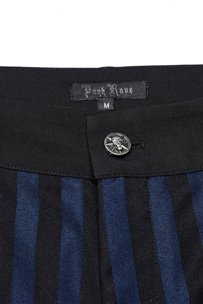 Black/Blue High Waisted Striped Print Men's Gothic Suit Pants
