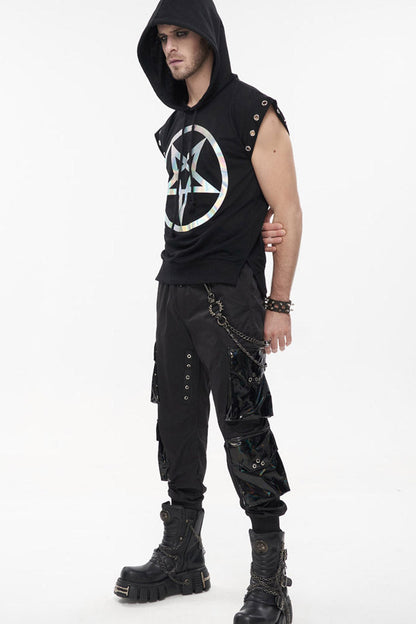 Black Punk Multi Pocket Splicing Illusory Color Removable Metal Left Chain Design Cargo Men's Pants