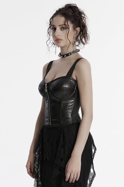 Black Sleeveless Faux Leather Stitching Zipper Women's Punk Vest