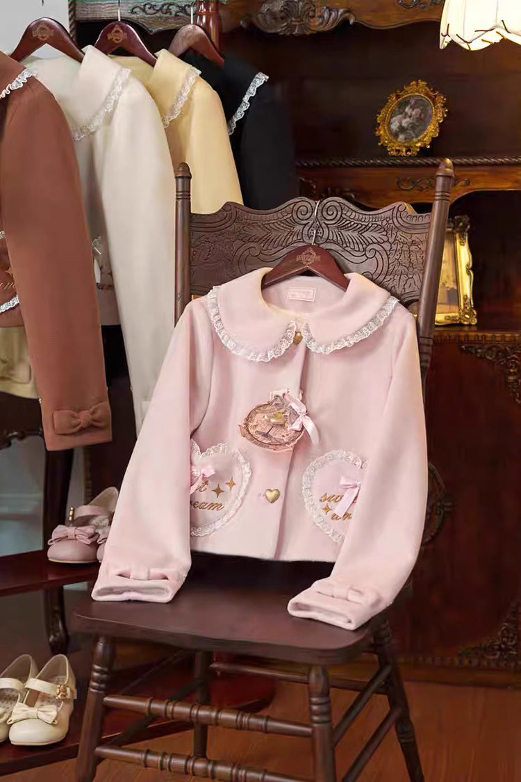 [Creamy Dream Whisper] Doll Collar Long Sleeves Bow Lace Short Sweet Lolita Coat 3 Colors