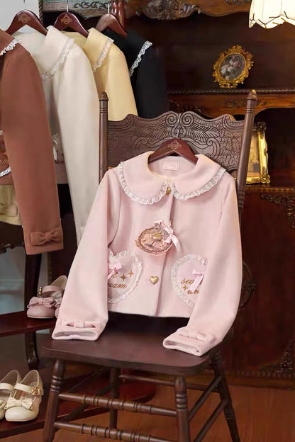 [Creamy Dream Whisper] Doll Collar Long Sleeves Bow Lace Short Sweet Lolita Coat 3 Colors