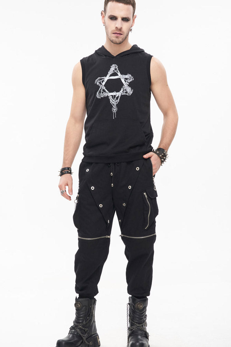 Black Punk Multi Pocket Skull Claw Metal Chain Decorative Zipper Wear More Men's Long Pants