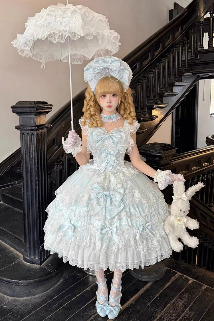 Blue [Sakura Dream Romance] Sleeveless Multi-Layered Ruffled Hanayome Bow Lace Sweet Princess Lolita Jsk Dress
