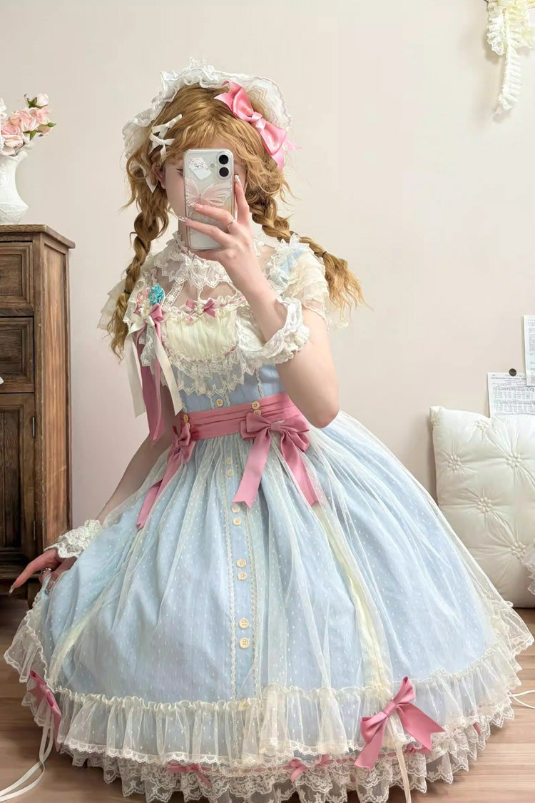 Blue [Sakura’s Spring Resonance] Sleeveless Ruffled Bow Sweet Lolita Jsk Dress (Short Version)
