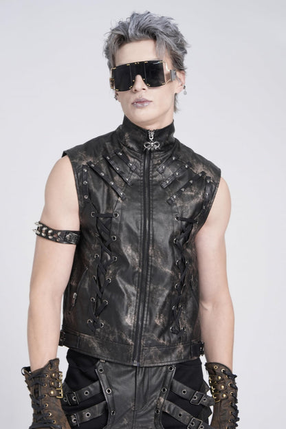 Black Stand Collar Sleeveless Strappy Stitching Zipper Men's Gothic Vest