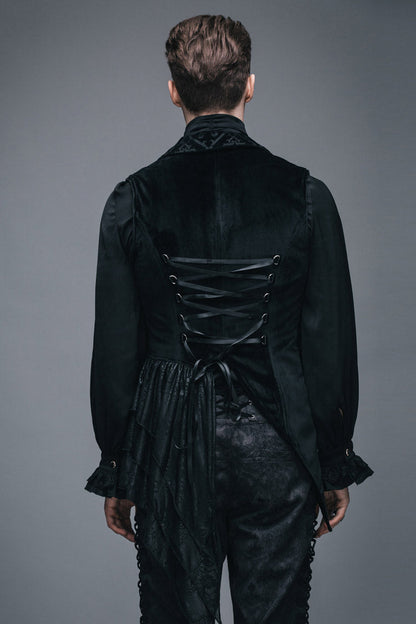 Black Spun Velvet Chinese Frog Button Floral Spiral Pattern Asymmetrical Hem Lace Up Men's Gothic Waistcoat