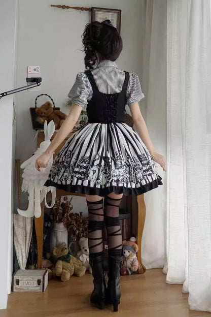 Black/White [A Weird Christmas] Sleeveless Printed Ruffled Gothic Lolita JSK Dress