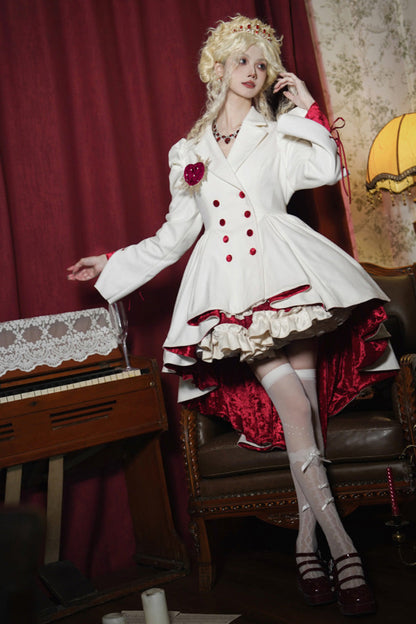 White Double-breasted Short Front and Long Back Irregular Gothic Lolita Coat