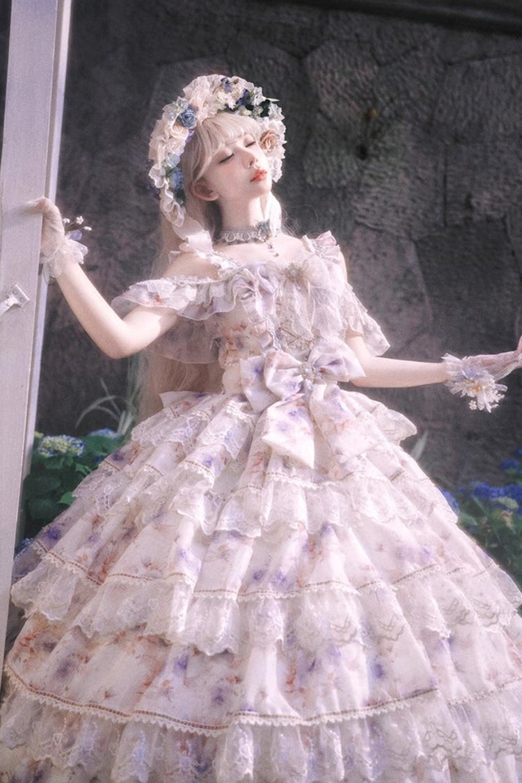 Blue [Rose Letter] Off Shoulder Triple-Layered Print Ruffle Hanayome Sweet Princess Lolita Dress