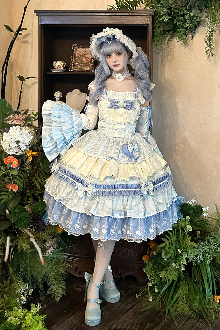 Blue [Falling Sakura] Multi-Layered Ruffled Hanayome Bow Lace Sweet Plus Size Princess Lolita Jsk Dress