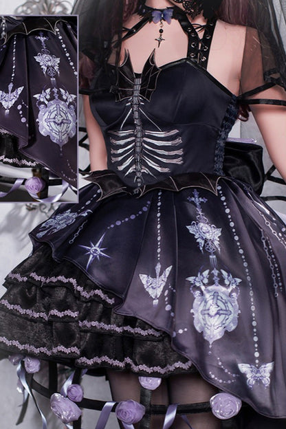Black [Feast of Bones] Halterneck Multi-Layered Print Ruffle Lace Gothic Elegant Lolita Jsk Dress