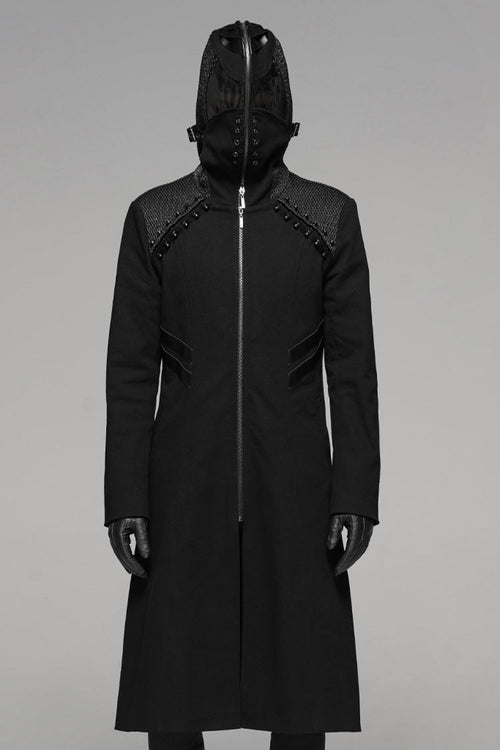 Black Long Sleeves Hooded Rivet Men's Punk Military Long Jacket